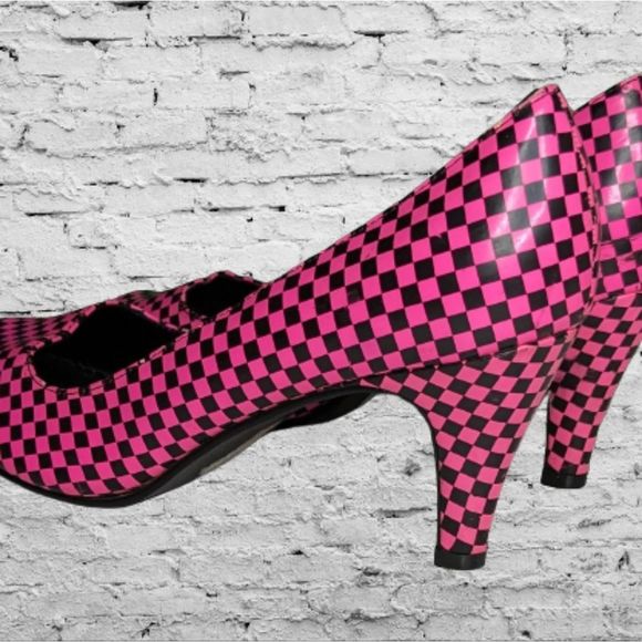 Hot Pink Black Checkered High Heel Pumps size 8 - Picture 4 of 8